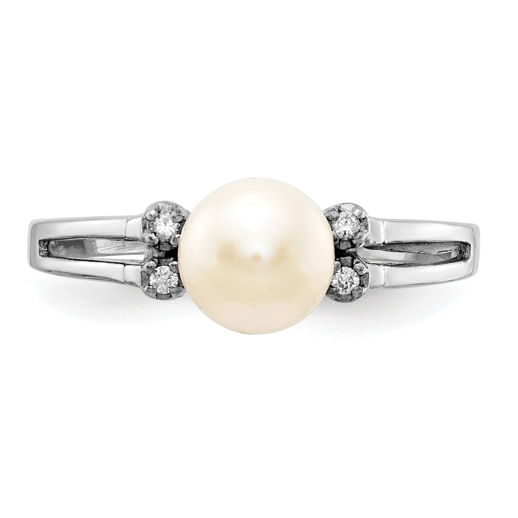 14k White Gold 6mm White Freshwater Cultured Pearl and AA Diamond Ring