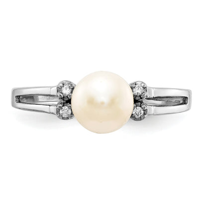 14k White Gold 6mm White Freshwater Cultured Pearl and AA Diamond Ring