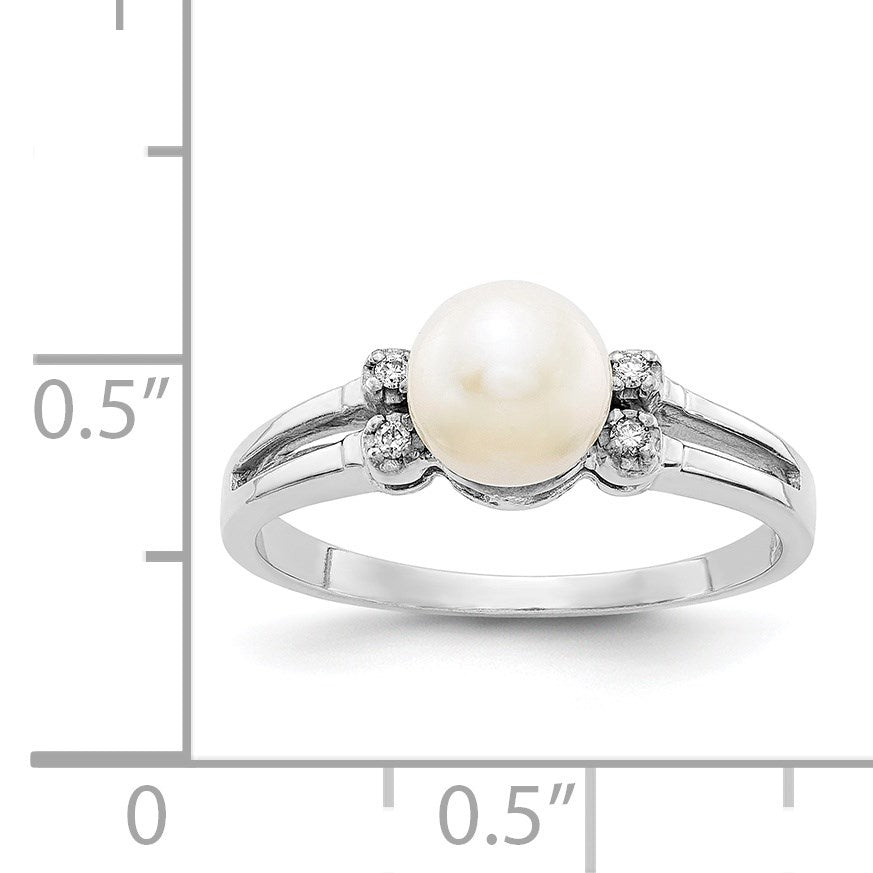 14k White Gold 6mm White Freshwater Cultured Pearl and AA Diamond Ring