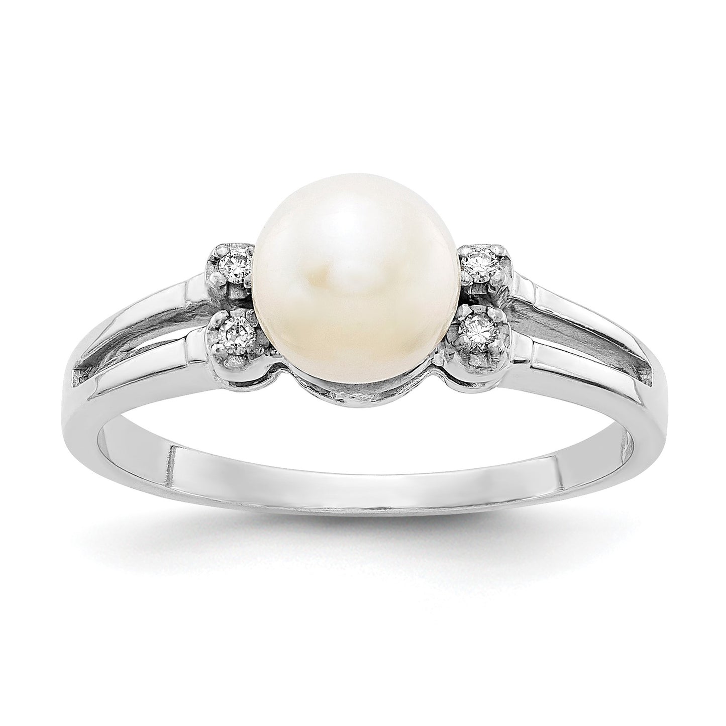 14k White Gold 6mm White Freshwater Cultured Pearl and AA Diamond Ring