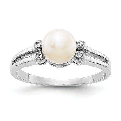 14k White Gold 6mm White Freshwater Cultured Pearl and AA Diamond Ring