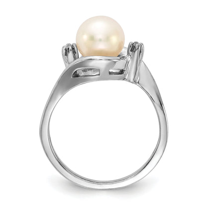 14k White Gold 7mm White Freshwater Cultured Pearl and AA Diamond Ring