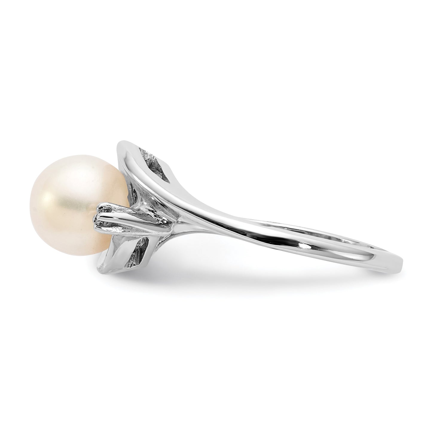 14k White Gold 7mm White Freshwater Cultured Pearl and AA Diamond Ring
