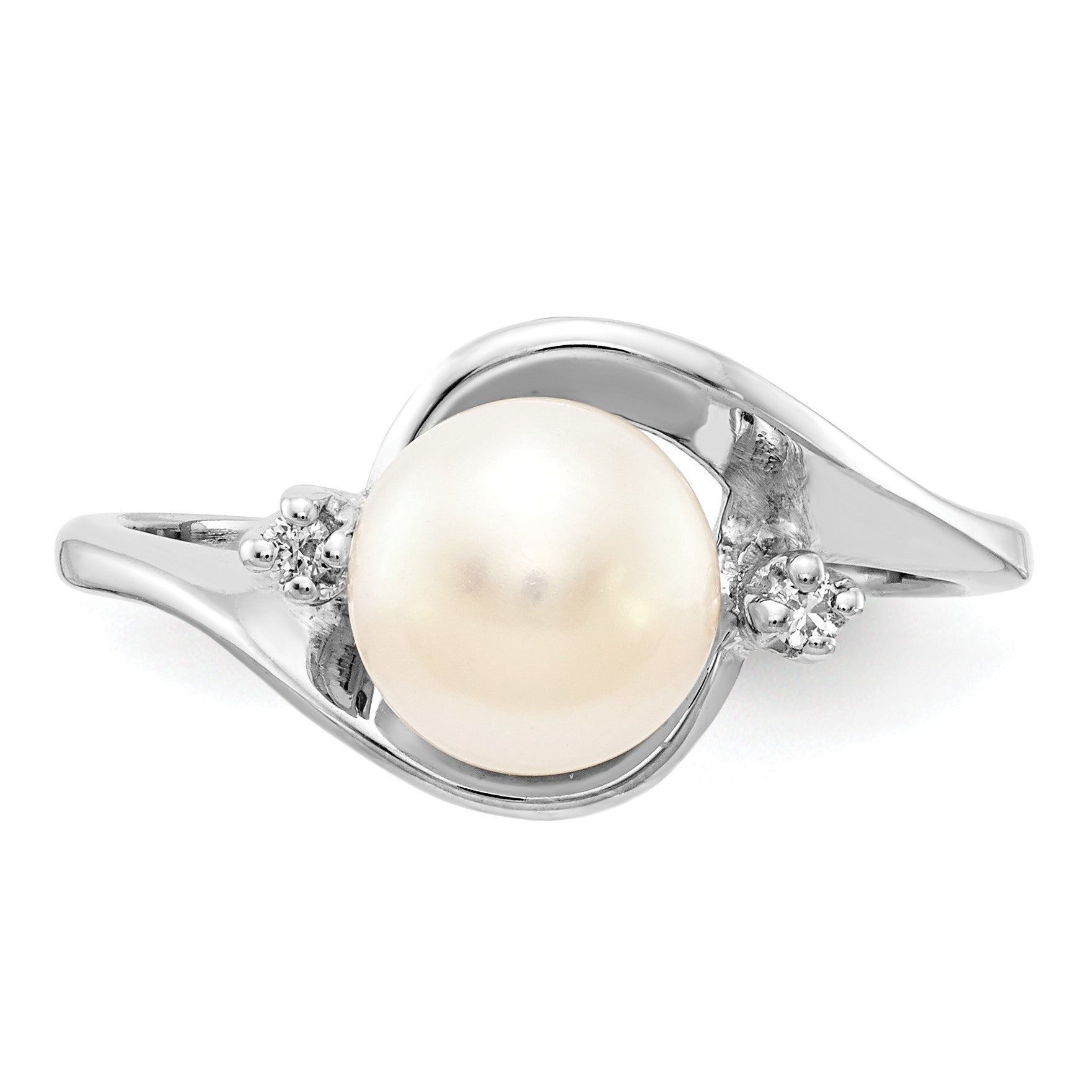 14k White Gold 7mm White Freshwater Cultured Pearl and AA Diamond Ring
