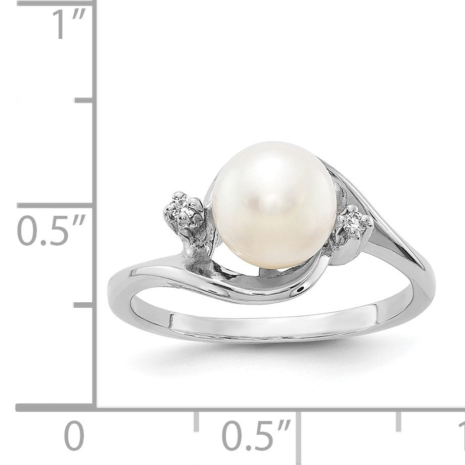 14k White Gold 7mm White Freshwater Cultured Pearl and AA Diamond Ring