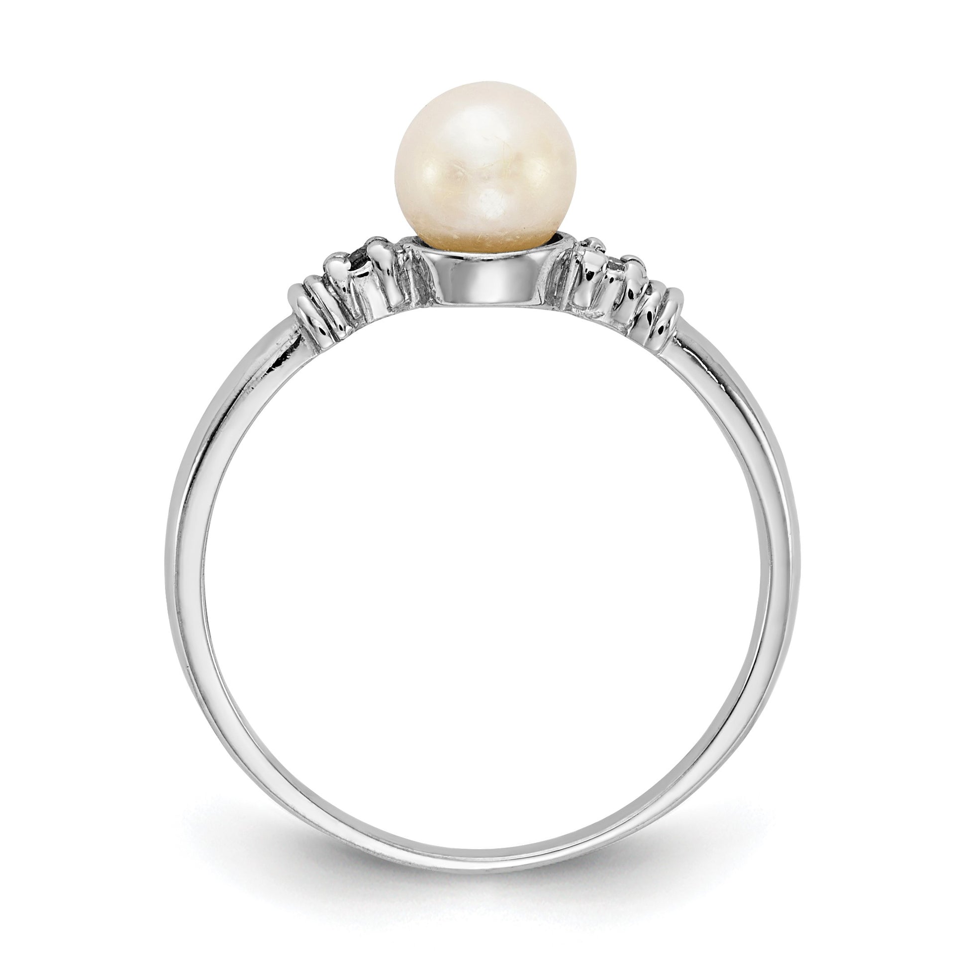 14k White Gold 5mm White Freshwater Cultured Pearl and AA Diamond Ring
