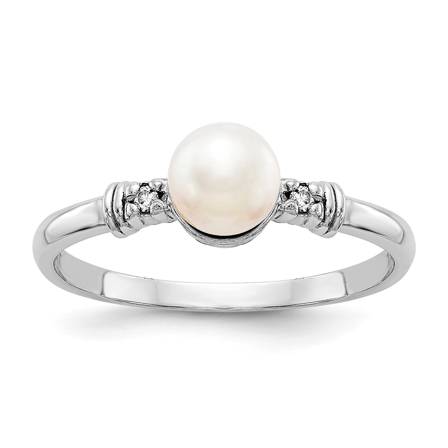 14k White Gold 5mm White Freshwater Cultured Pearl and AA Diamond Ring