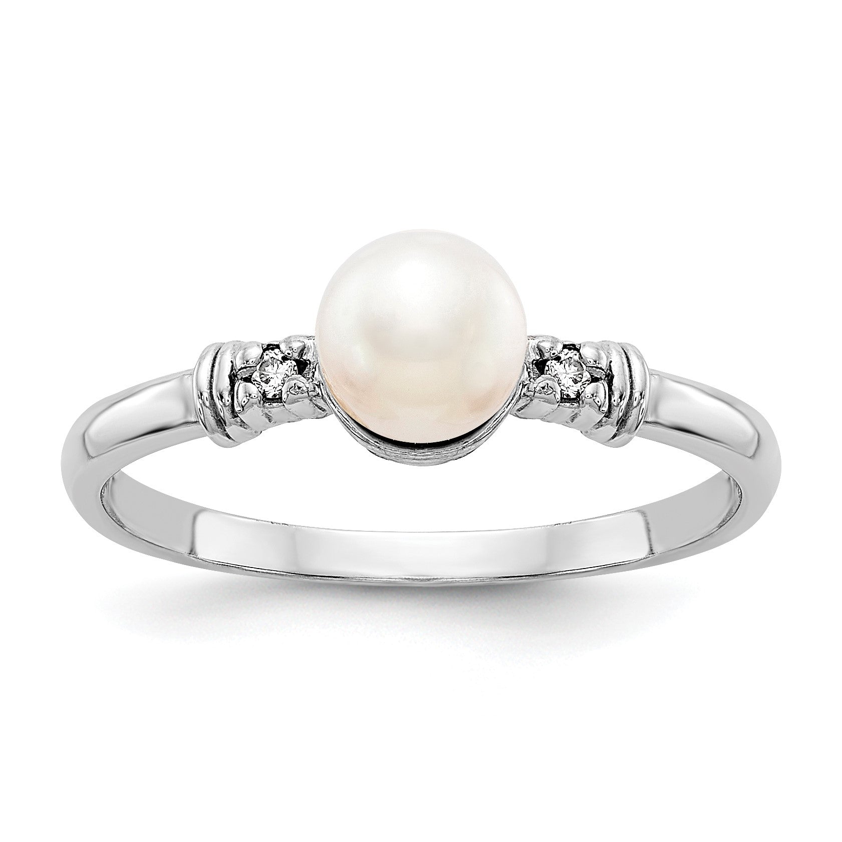 14k White Gold 5mm White Freshwater Cultured Pearl and AA Diamond Ring