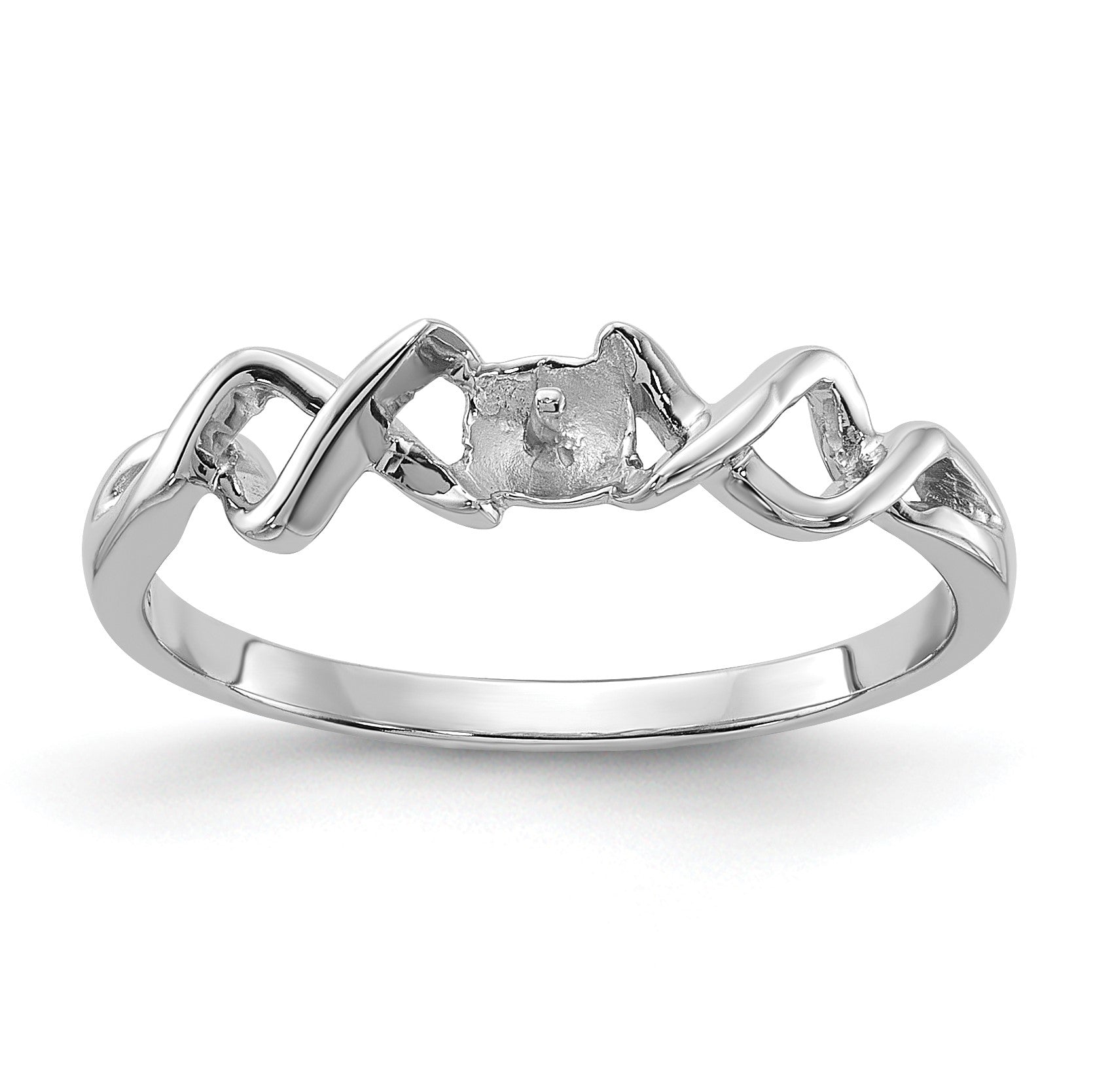 14k White Gold Polished Holds 4mm Pearl Twisted Ring Mounting