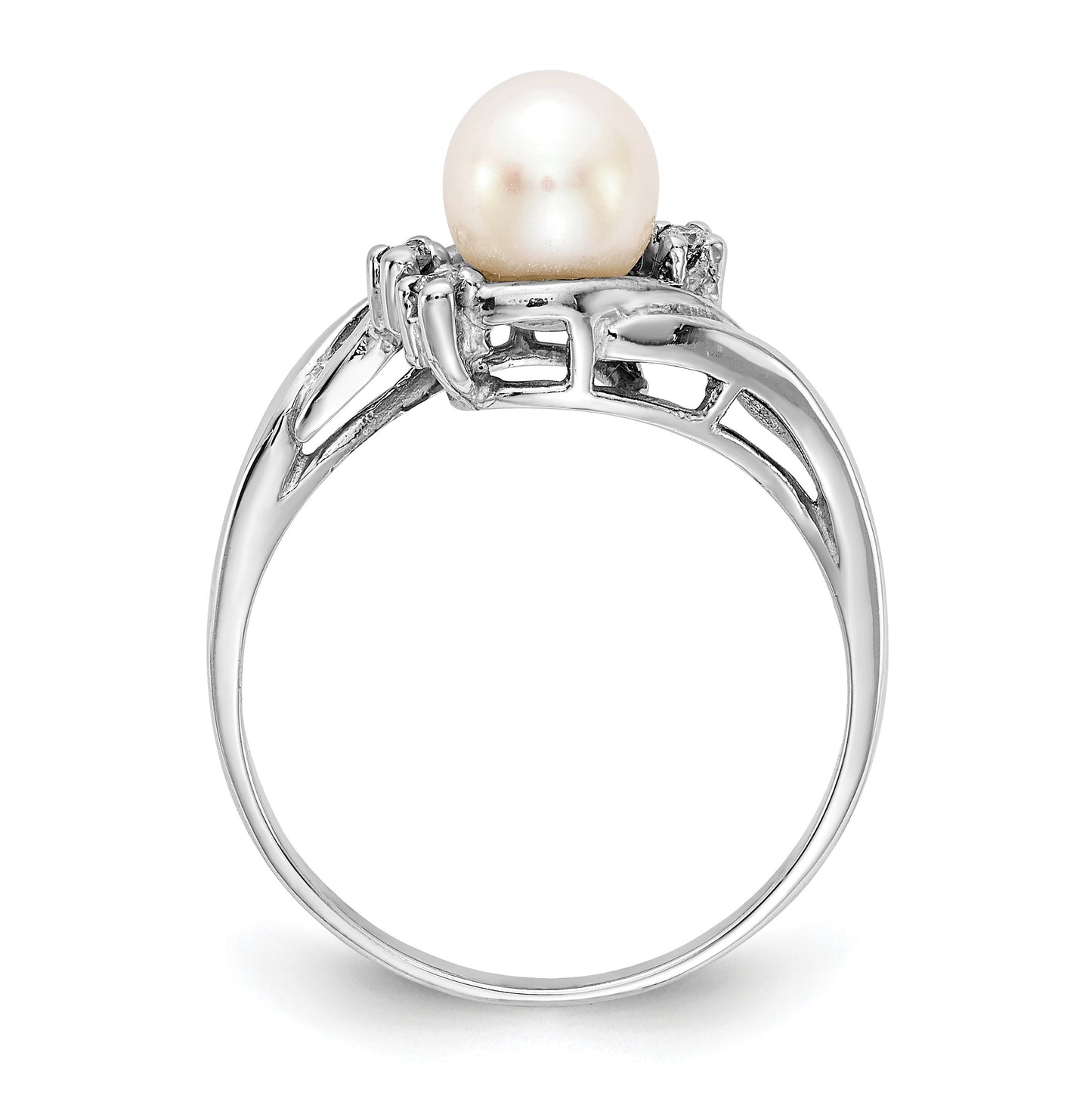 14k White Gold 6mm White Freshwater Cultured Pearl and 1/20 carat AA Diamond Ring