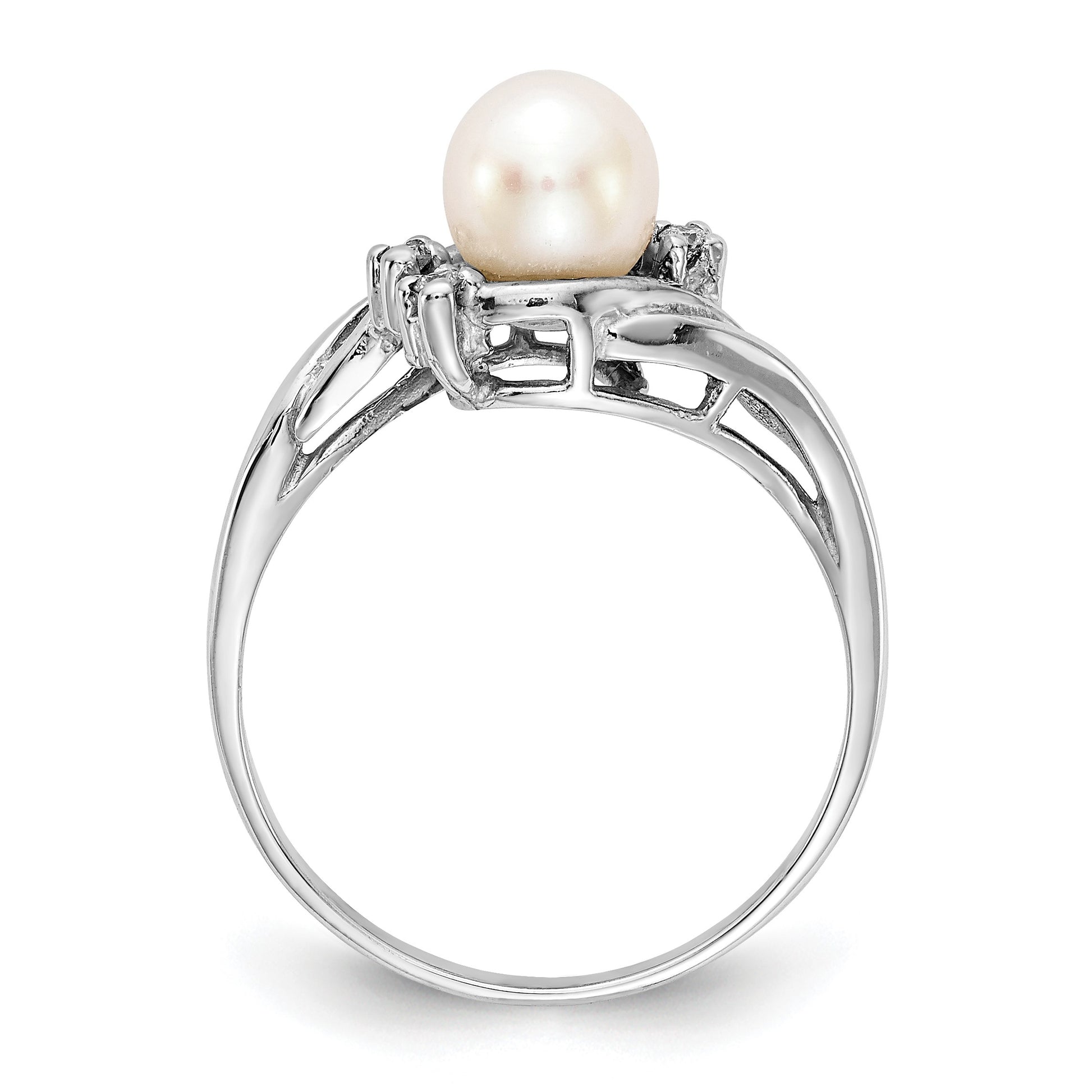 14k White Gold 6mm White Freshwater Cultured Pearl and 1/20 carat AA Diamond Ring