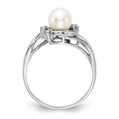 14k White Gold 6mm White Freshwater Cultured Pearl and 1/20 carat AA Diamond Ring
