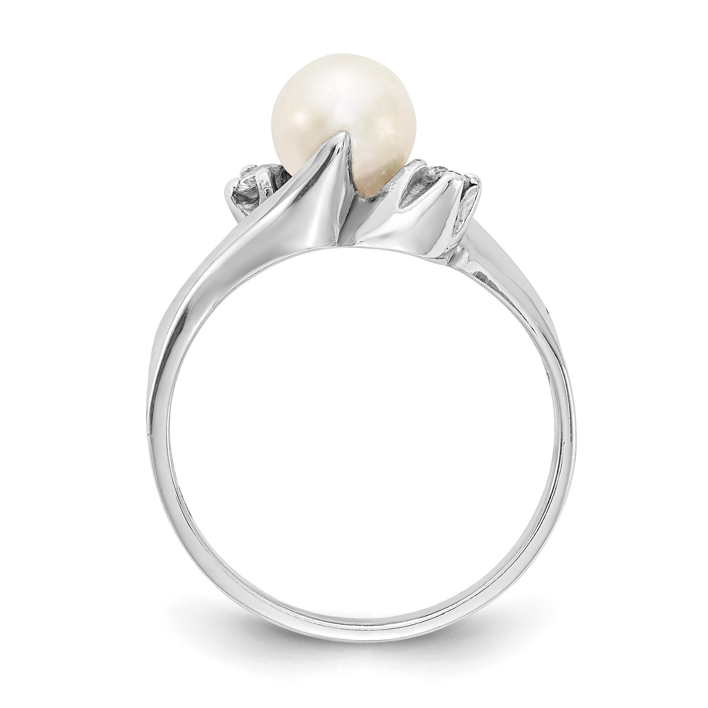 14k White Gold 6mm White Freshwater Cultured Pearl and 1/15 carat AA Diamond Ring