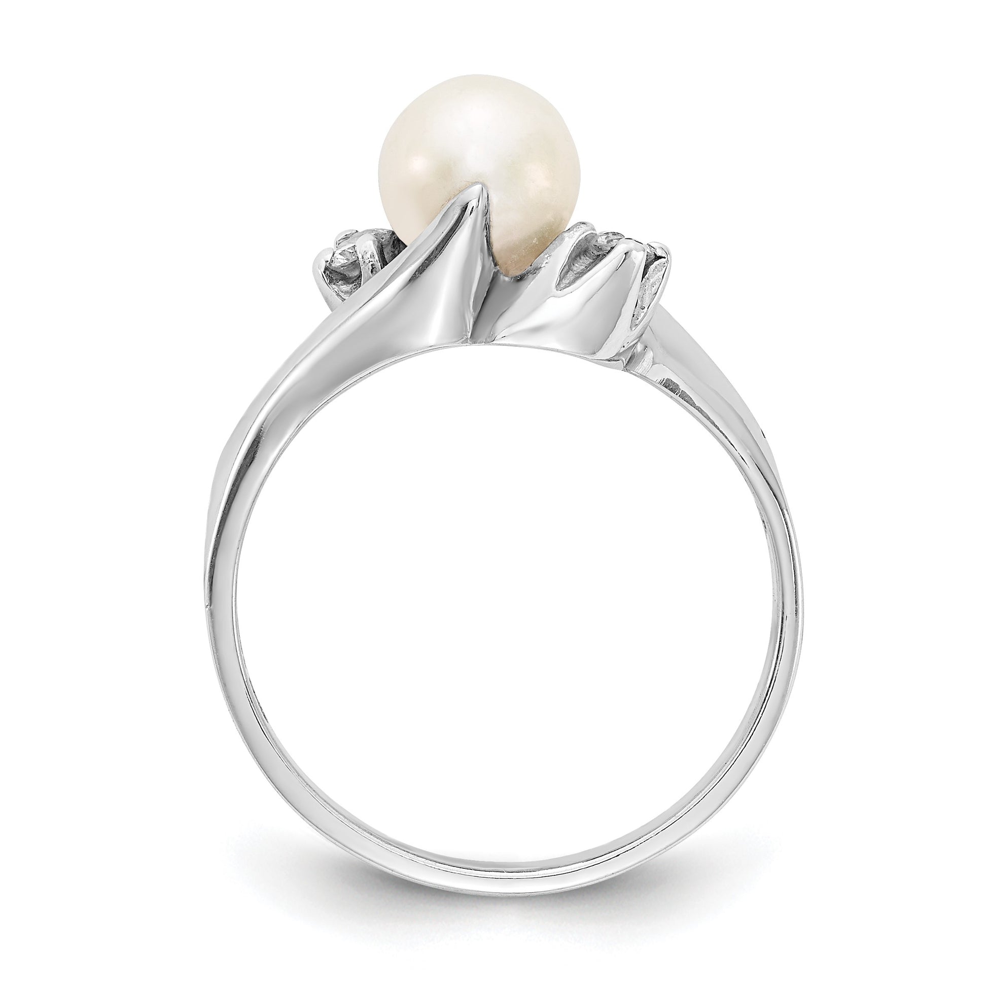14k White Gold 6mm White Freshwater Cultured Pearl and 1/15 carat AA Diamond Ring