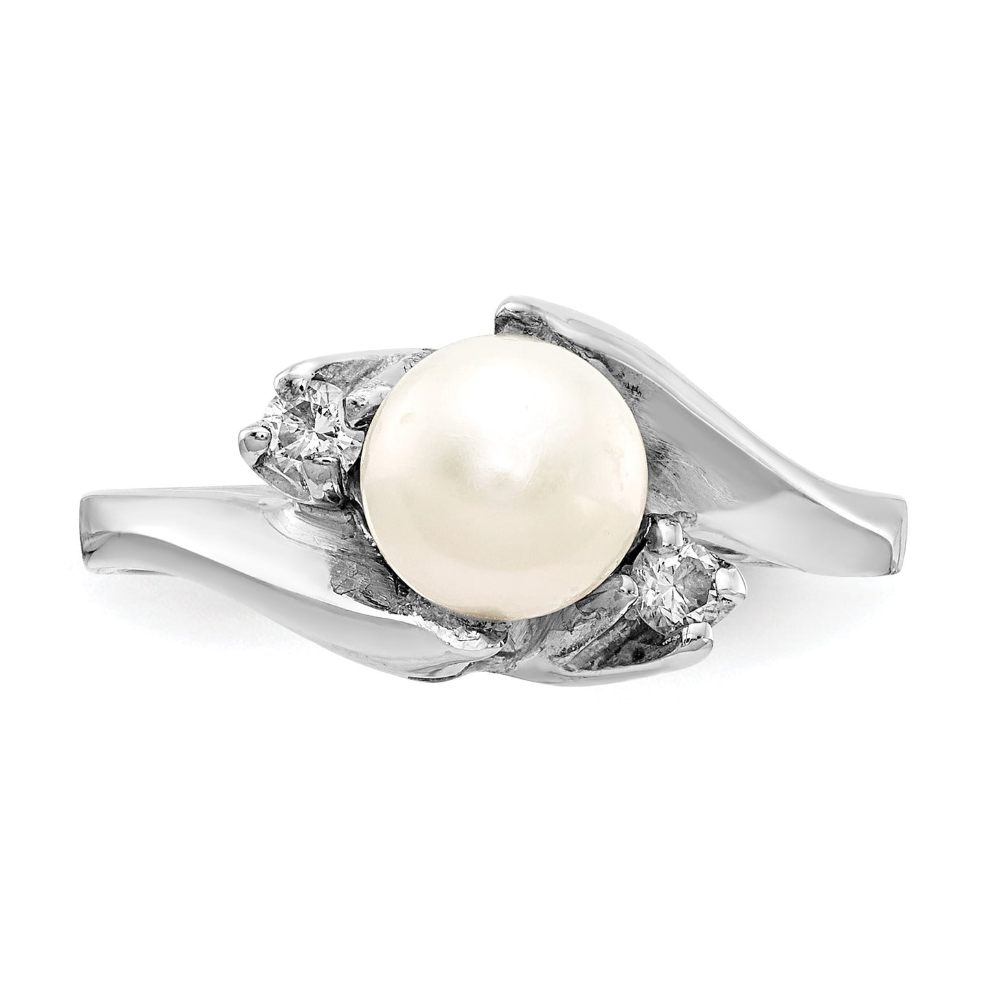 14k White Gold 6mm White Freshwater Cultured Pearl and 1/15 carat AA Diamond Ring