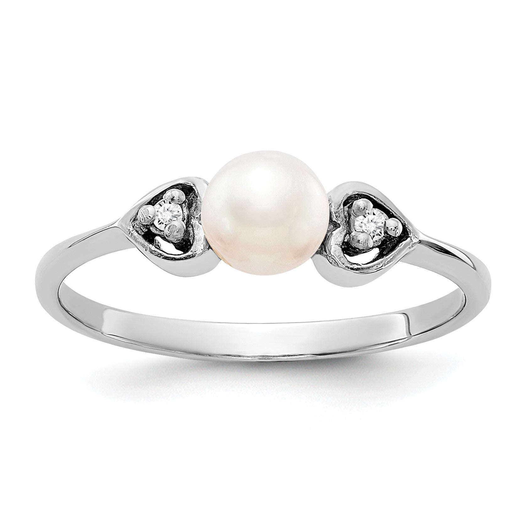 14k White Gold 4.5mm White Freshwater Cultured Pearl and AA Diamond Ring