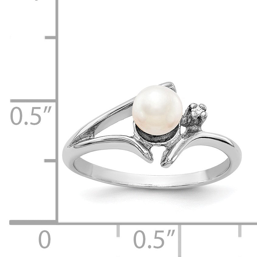 14k White Gold 5mm White Freshwater Cultured Pearl and AA Diamond Ring