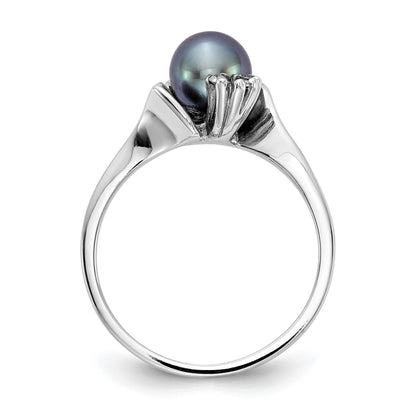 14k White Gold 6mm Black Freshwater Cultured Pearl and 1/15 carat AA Diamond Ring