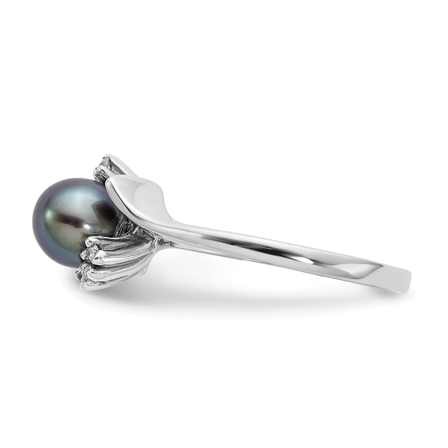 14k White Gold 6mm Black Freshwater Cultured Pearl and 1/15 carat AA Diamond Ring