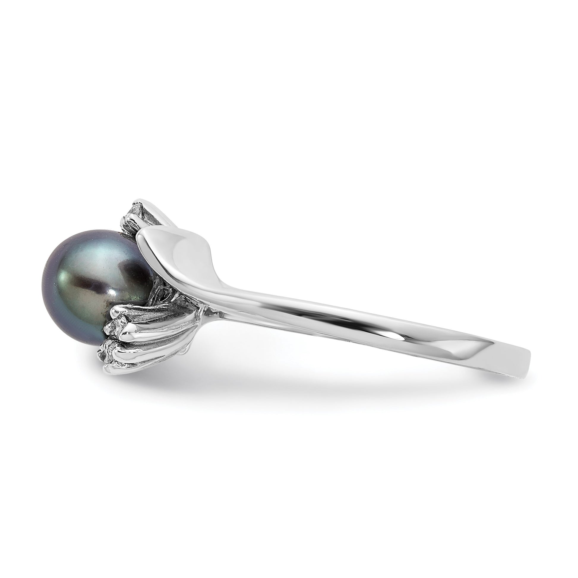 14k White Gold 6mm Black Freshwater Cultured Pearl and 1/15 carat AA Diamond Ring