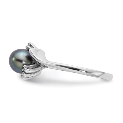 14k White Gold 6mm Black Freshwater Cultured Pearl and 1/15 carat AA Diamond Ring