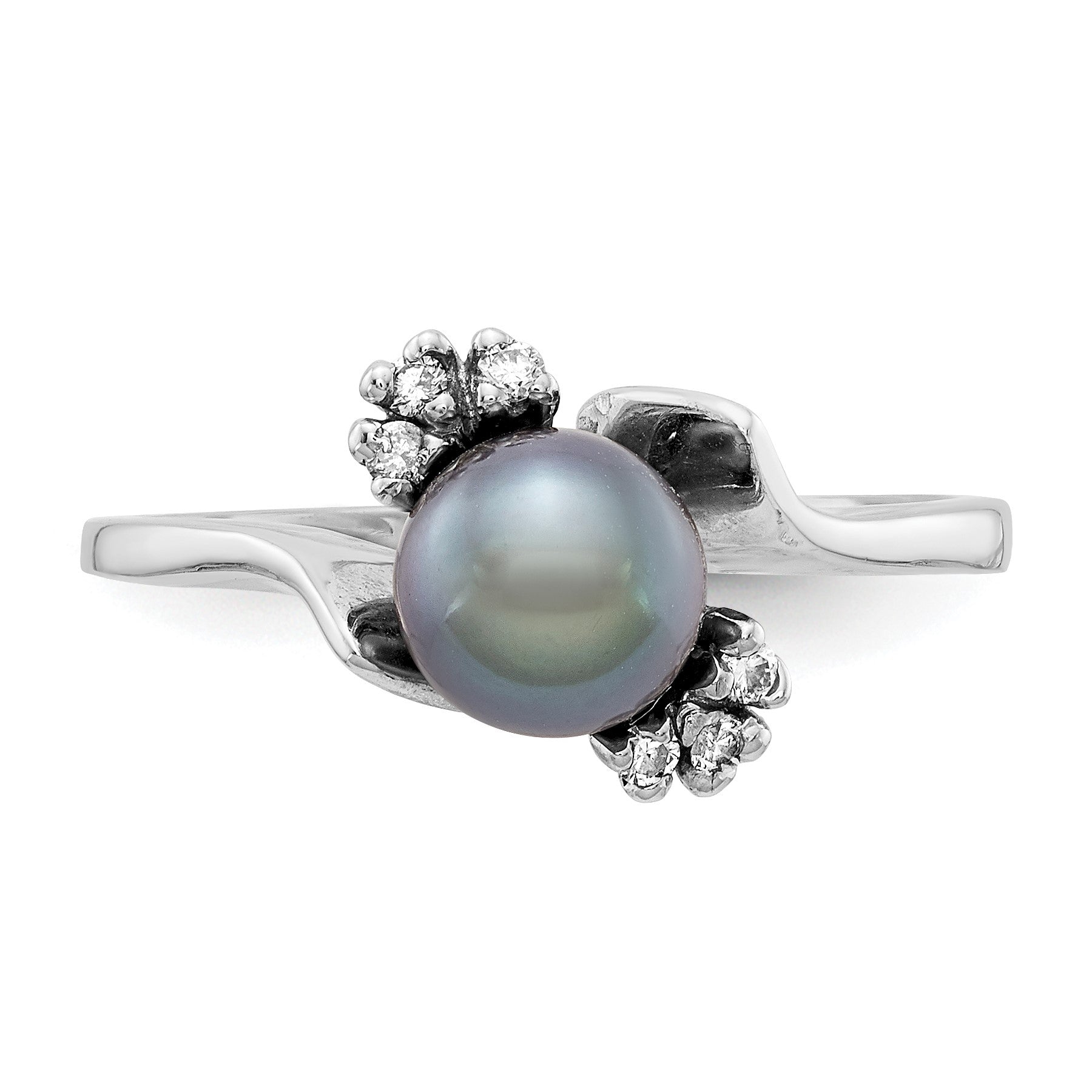 14k White Gold 6mm Black Freshwater Cultured Pearl and 1/15 carat AA Diamond Ring