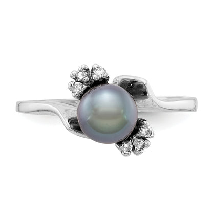 14k White Gold 6mm Black Freshwater Cultured Pearl and 1/15 carat AA Diamond Ring