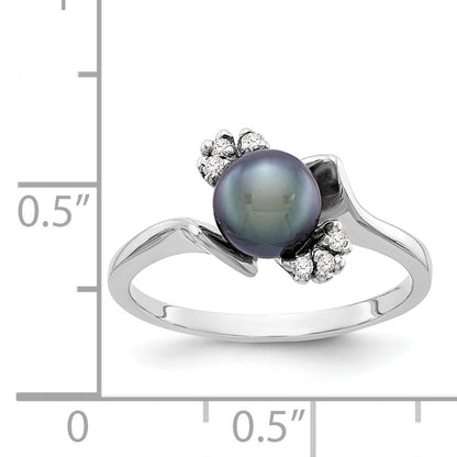 14k White Gold 6mm Black Freshwater Cultured Pearl and 1/15 carat AA Diamond Ring