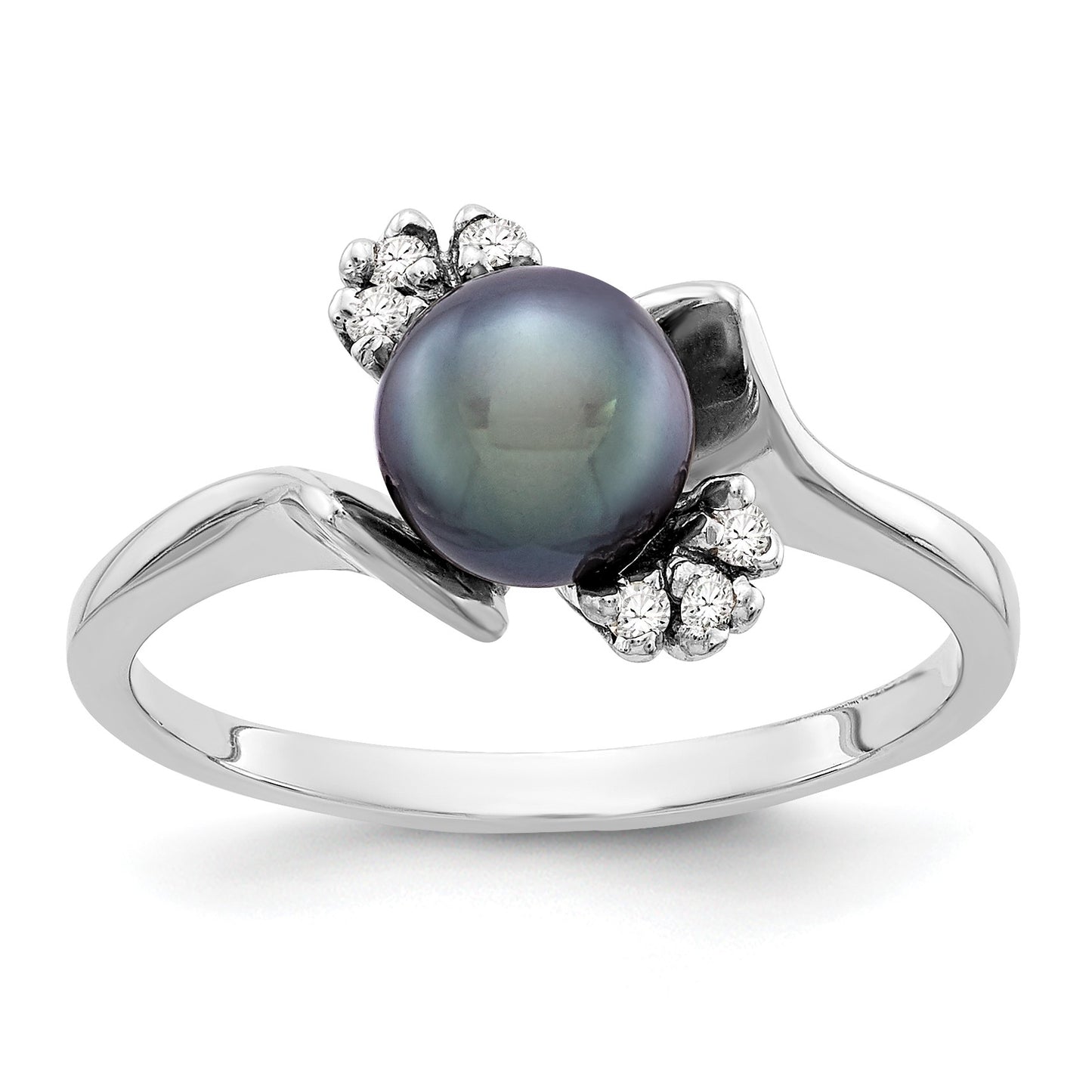 14k White Gold 6mm Black Freshwater Cultured Pearl and 1/15 carat AA Diamond Ring