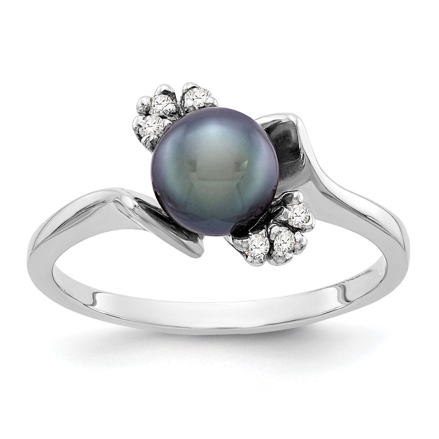 14k White Gold 6mm Black Freshwater Cultured Pearl and 1/15 carat AA Diamond Ring