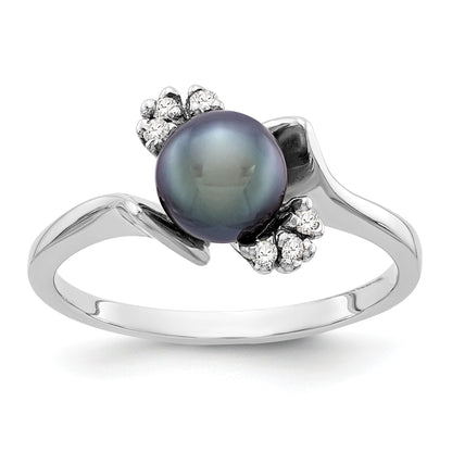 14k White Gold 6mm Black Freshwater Cultured Pearl and 1/15 carat AA Diamond Ring