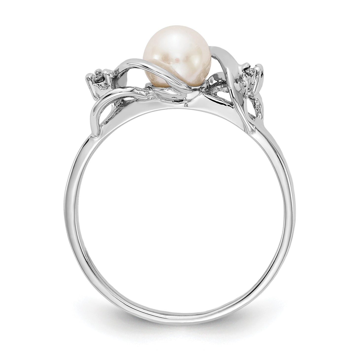 14k White Gold 5.5mm White Freshwater Cultured Pearl and AA Diamond Ring