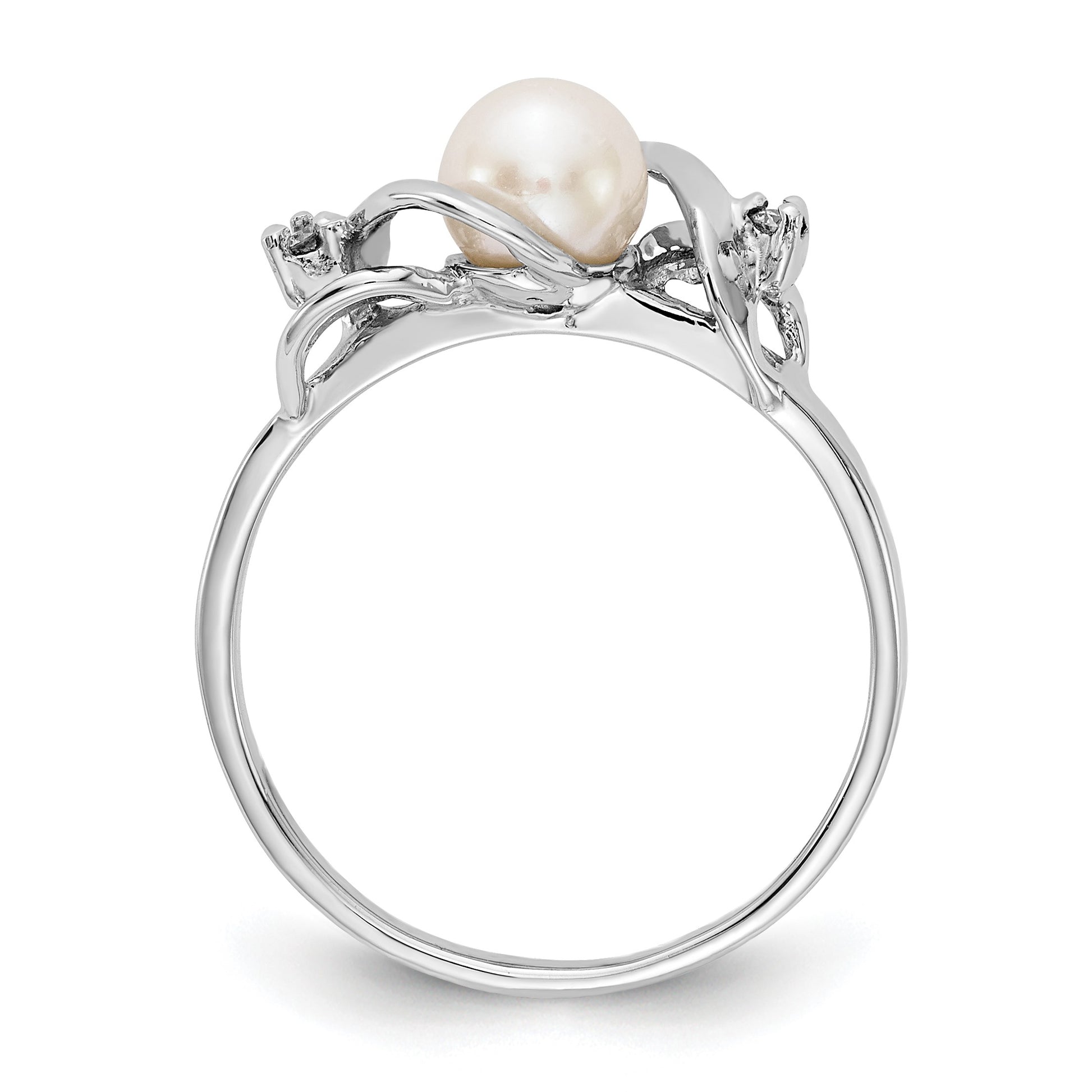 14k White Gold 5.5mm White Freshwater Cultured Pearl and AA Diamond Ring