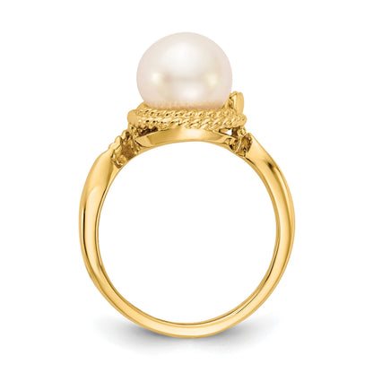 14k 8.5mm White Freshwater Cultured Pearl and AA Diamond Ring