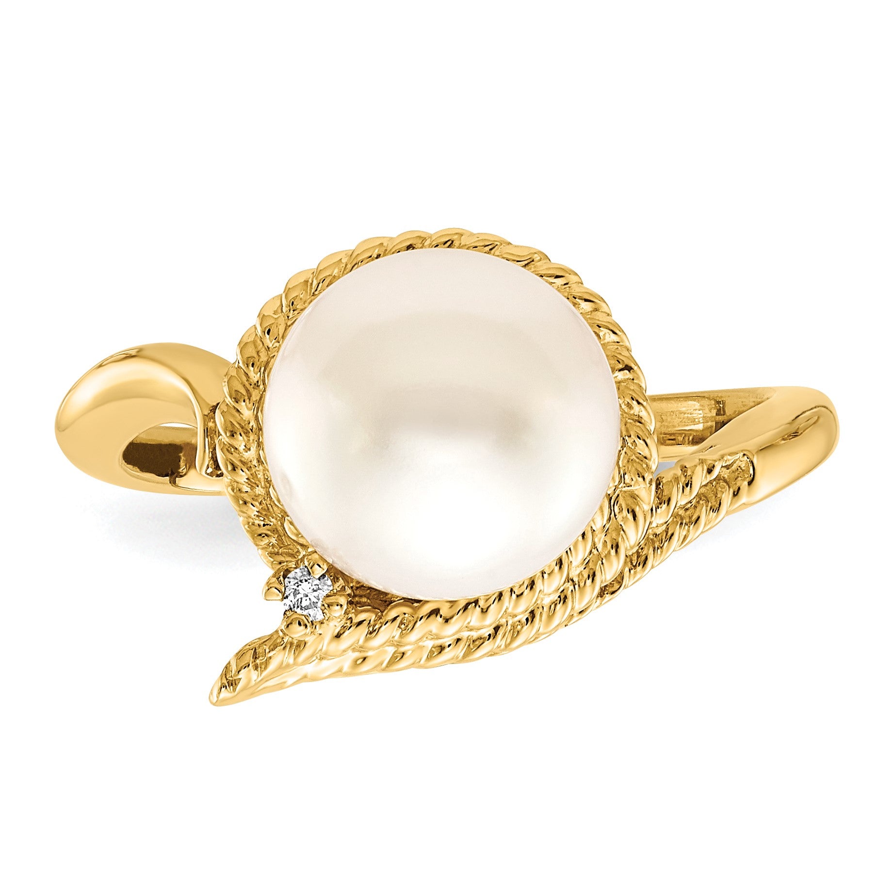 14k 8.5mm White Freshwater Cultured Pearl and AA Diamond Ring