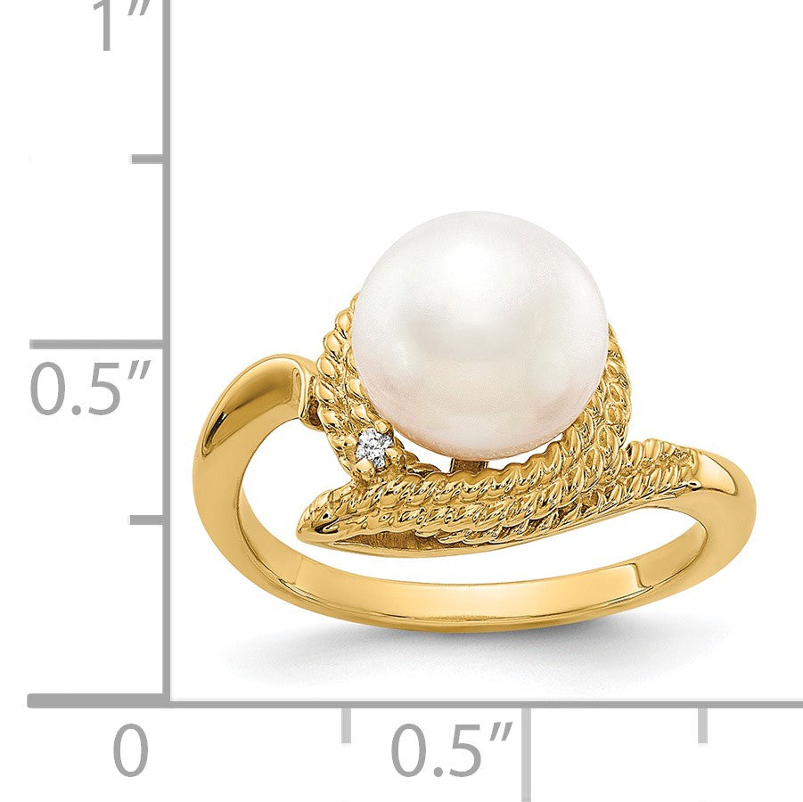14k 8.5mm White Freshwater Cultured Pearl and AA Diamond Ring