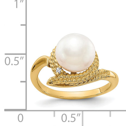 14k 8.5mm White Freshwater Cultured Pearl and AA Diamond Ring