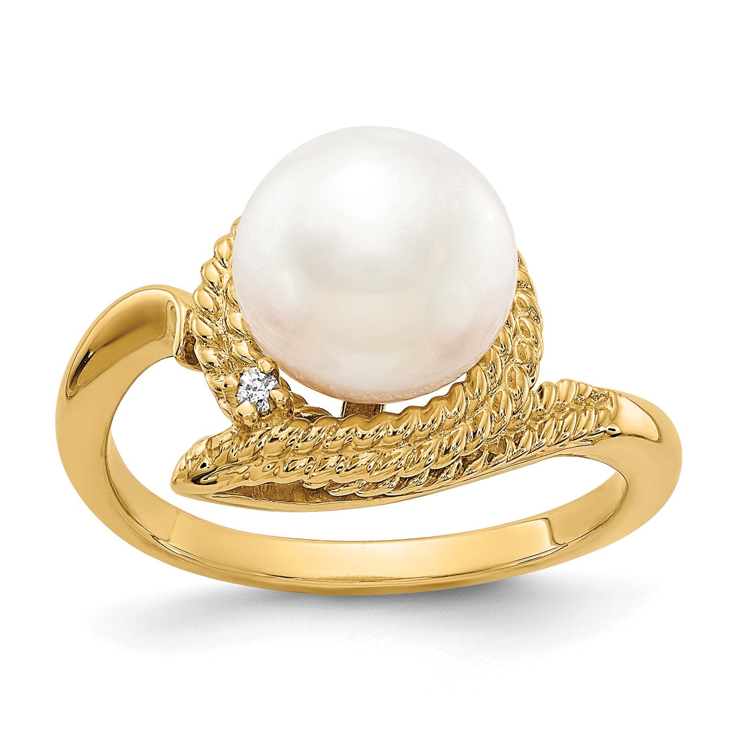 14k 8.5mm White Freshwater Cultured Pearl and AA Diamond Ring