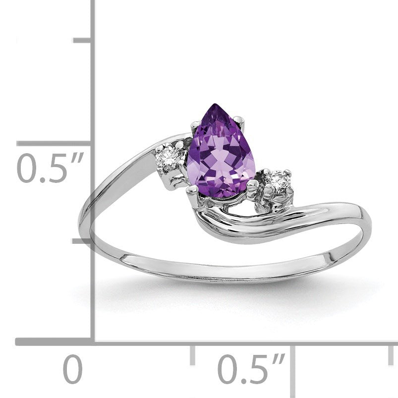 14k White Gold 6x4mm Pear Amethyst and AA Diamond Bypass Ring