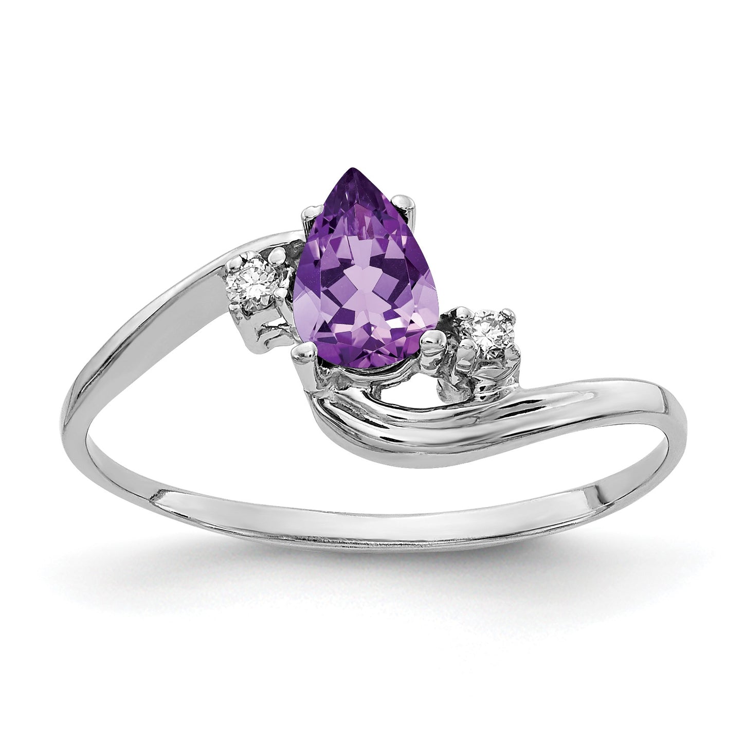 14k White Gold 6x4mm Pear Amethyst and AA Diamond Bypass Ring