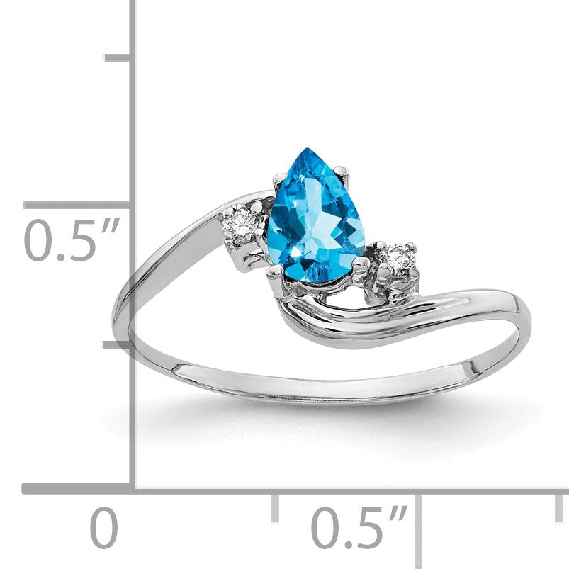 14k White Gold 6x4mm Pear Blue Topaz and AA Diamond Bypass Ring