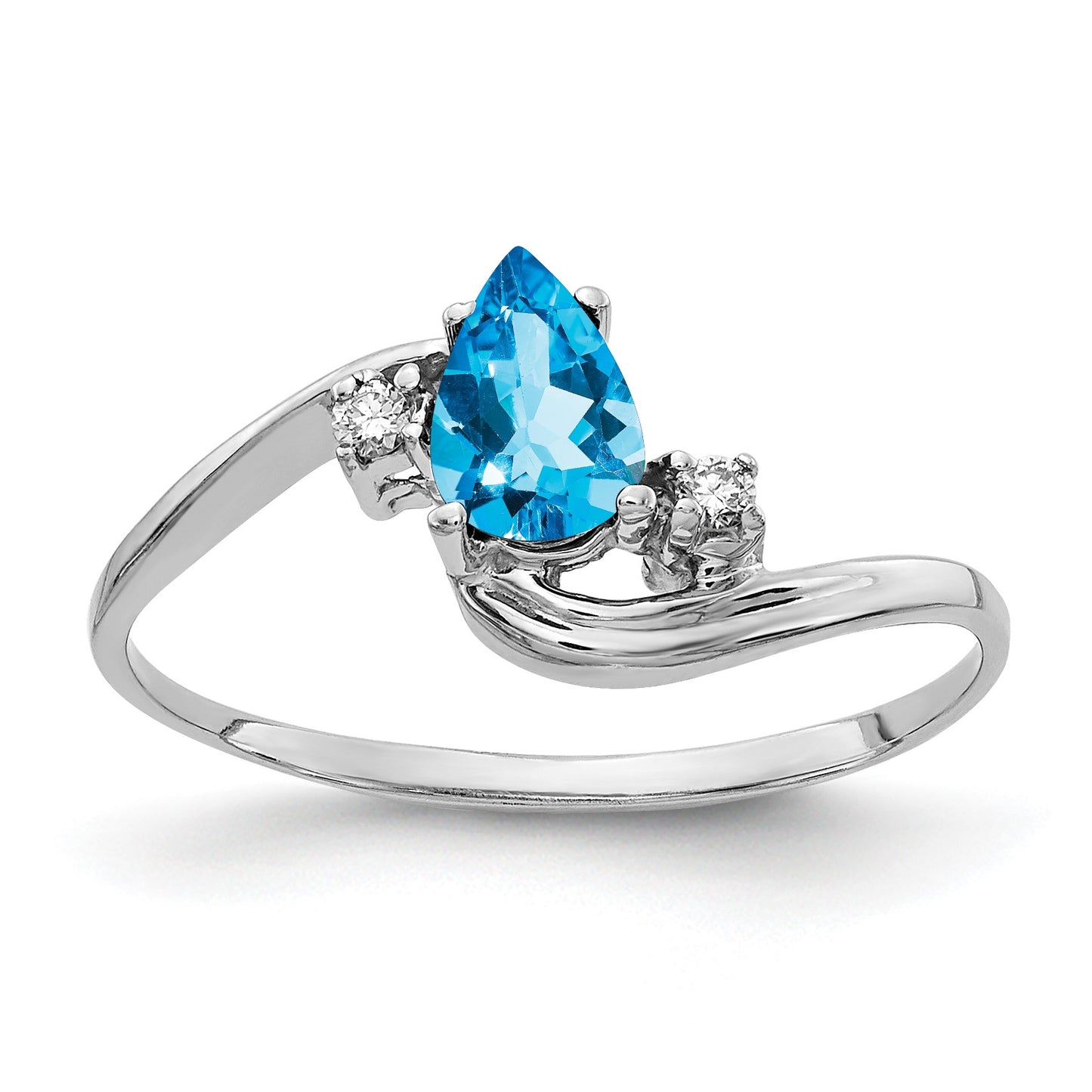 14k White Gold 6x4mm Pear Blue Topaz and AA Diamond Bypass Ring