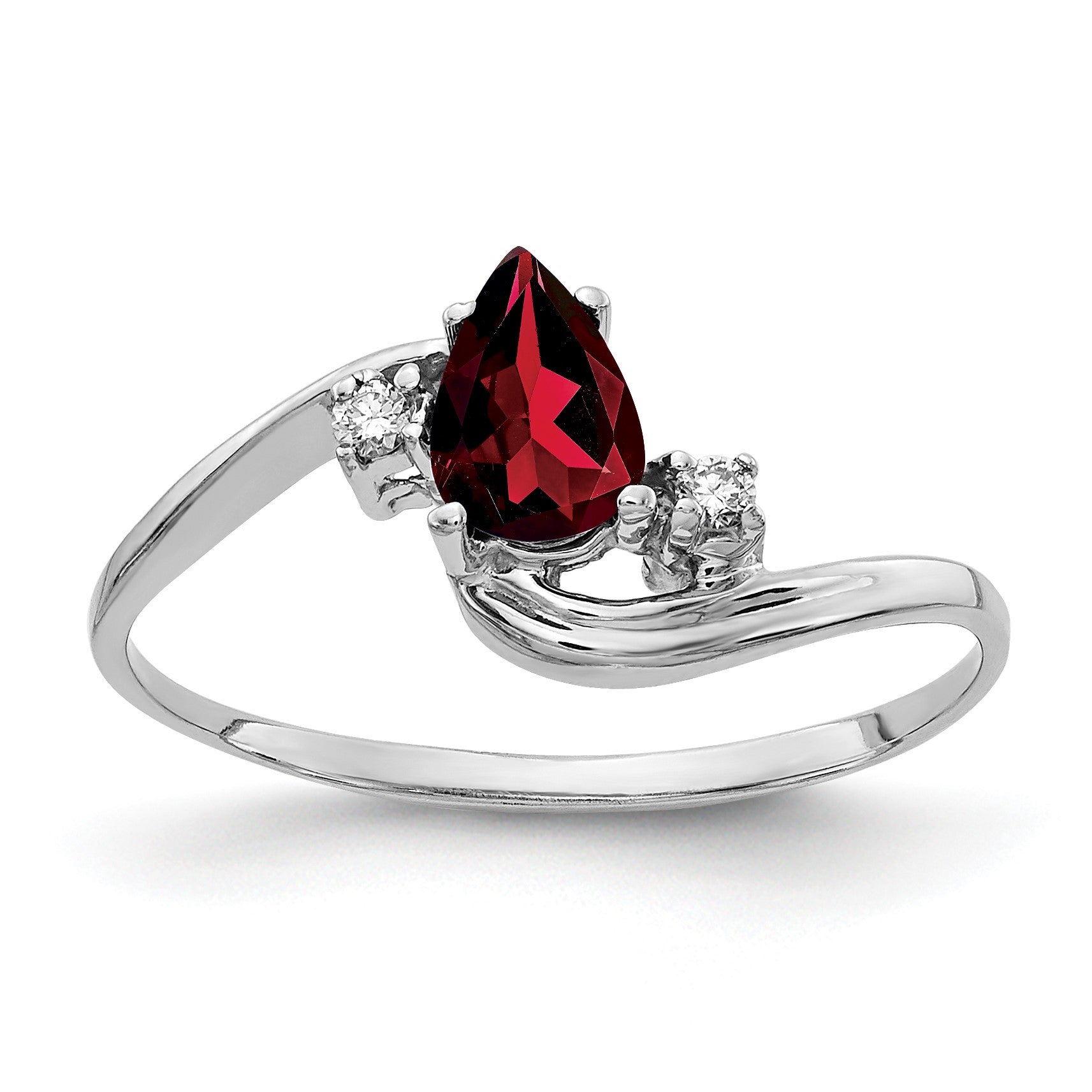 14k White Gold 6x4mm Pear Garnet and AA Diamond Bypass Ring