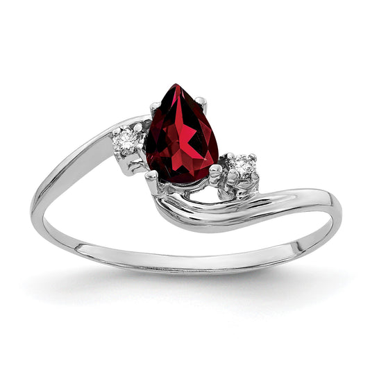 14k White Gold 6x4mm Pear Garnet and AA Diamond Bypass Ring