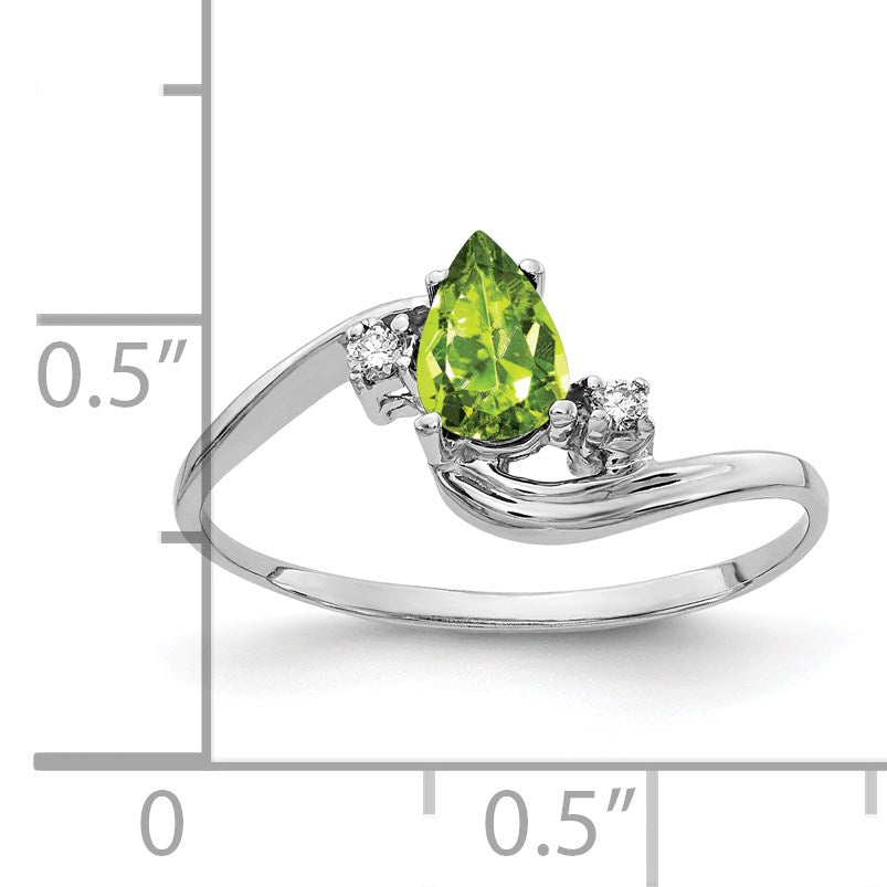 14k White Gold 6x4mm Pear Peridot and AA Diamond Bypass Ring