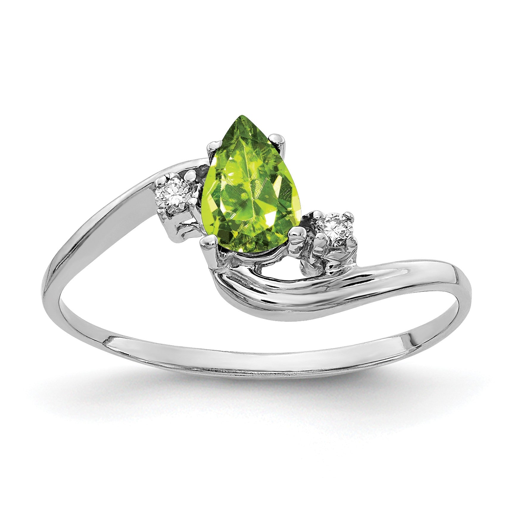 14k White Gold 6x4mm Pear Peridot and AA Diamond Bypass Ring