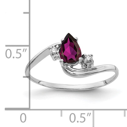 14k White Gold 6x4mm Pear Rhodolite Garnet and AA Diamond Bypass Ring