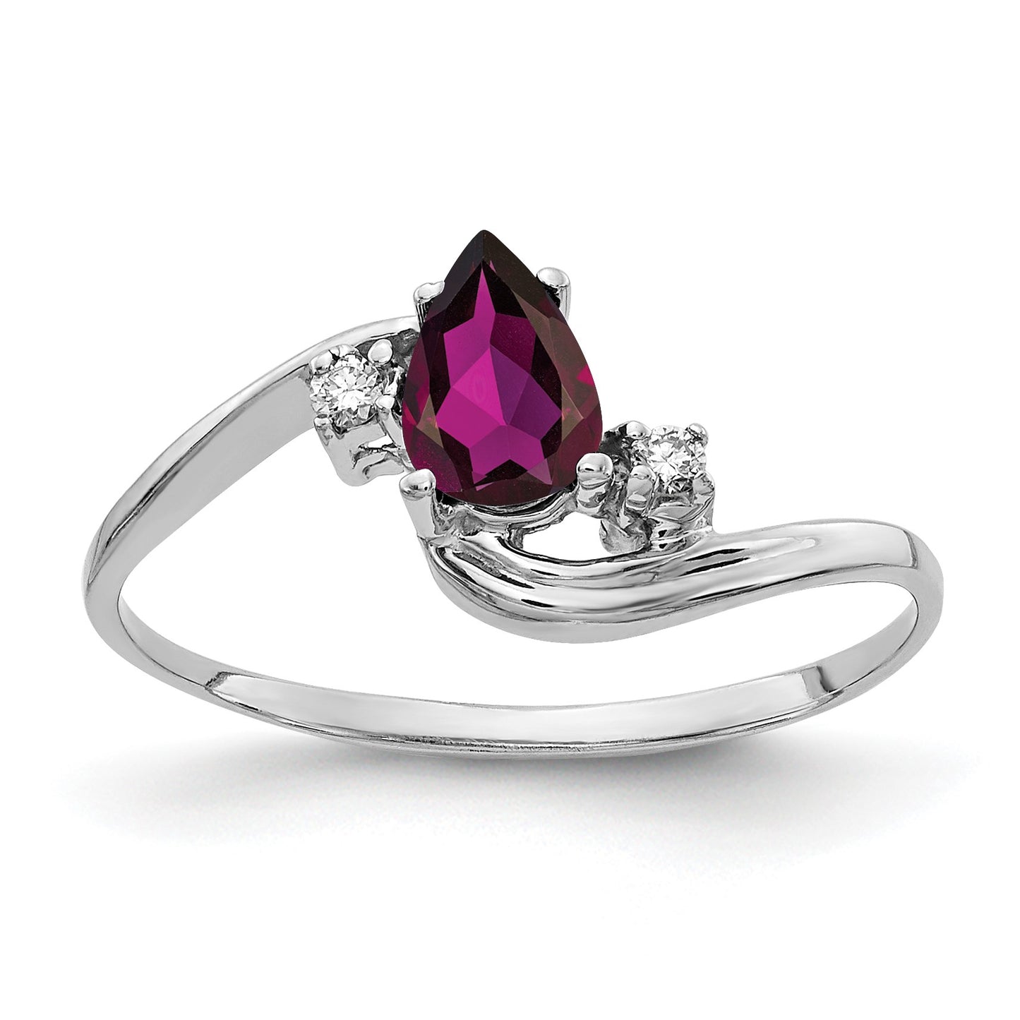 14k White Gold 6x4mm Pear Rhodolite Garnet and AA Diamond Bypass Ring