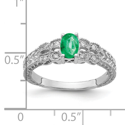 14k White Gold 6x4mm Oval Emerald and 1/10 carat AA Diamond Ring