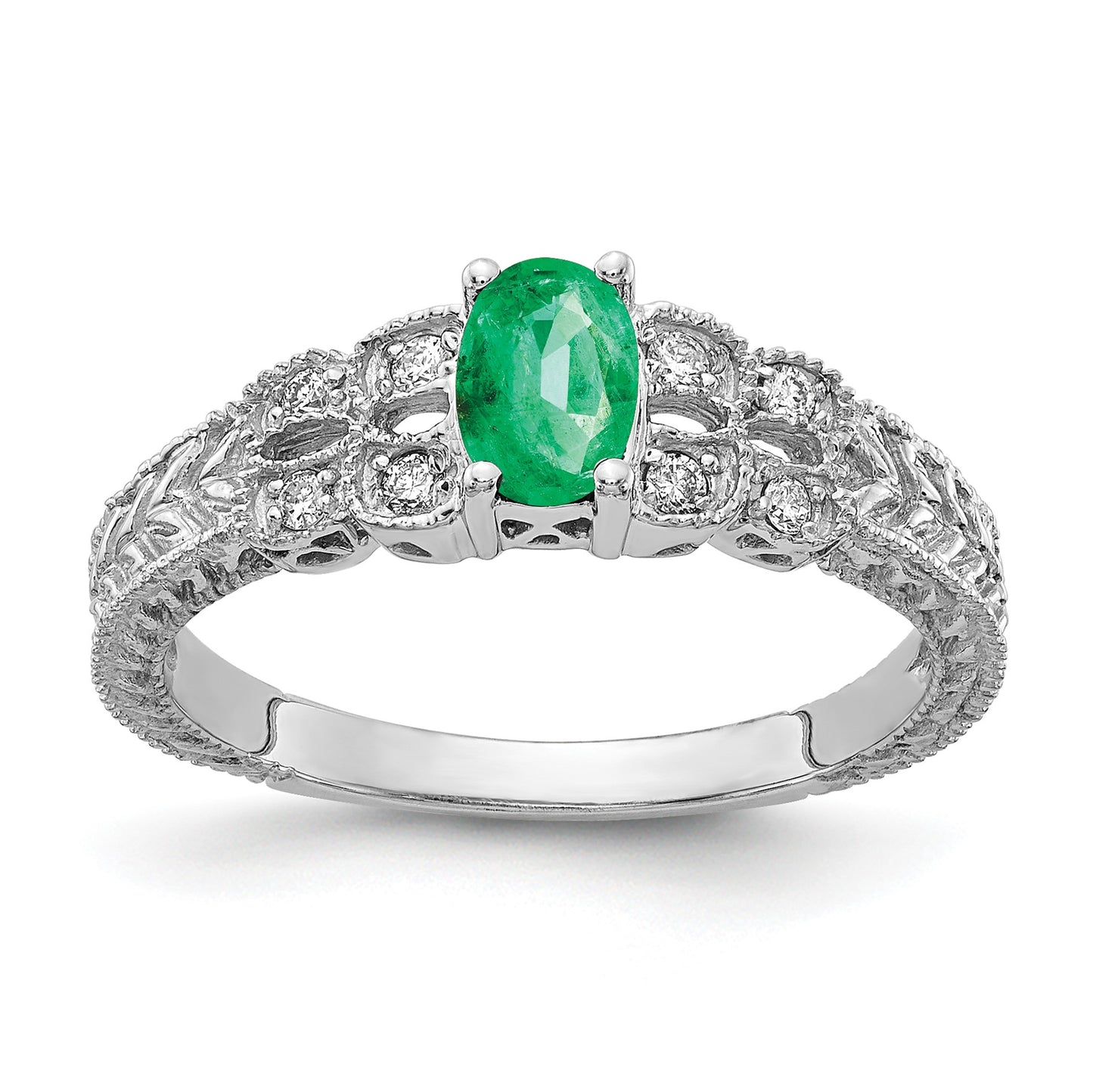 14k White Gold 6x4mm Oval Emerald and 1/10 carat AA Diamond Ring